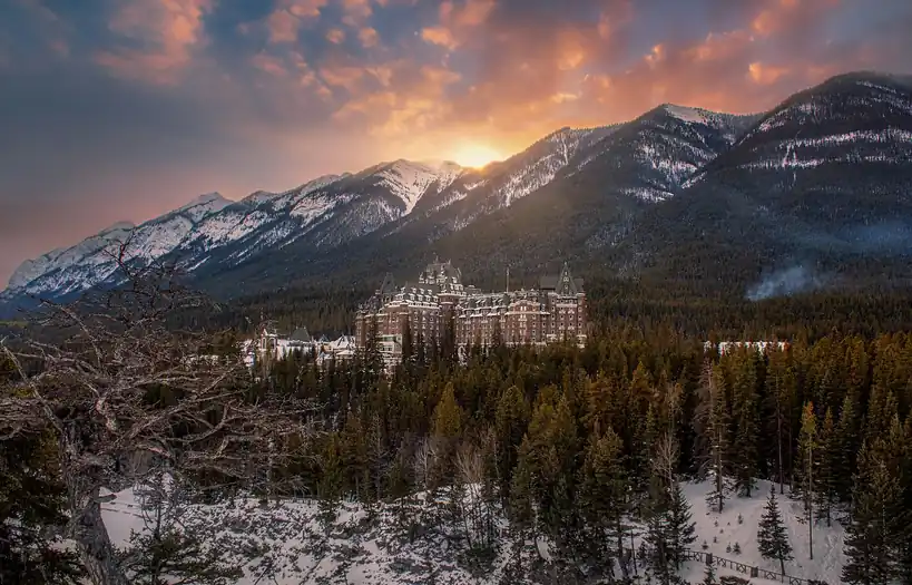 Majestic Canadian luxury resort nestled in snow-covered mountains