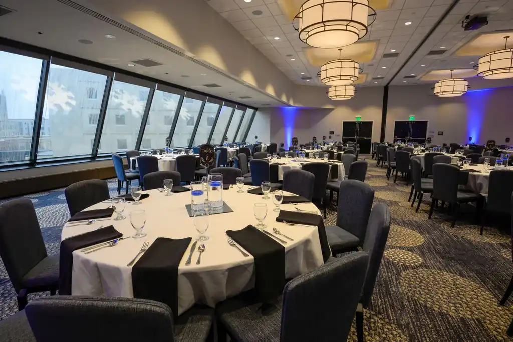 Contemporary conference seating arrangement with modern lighting